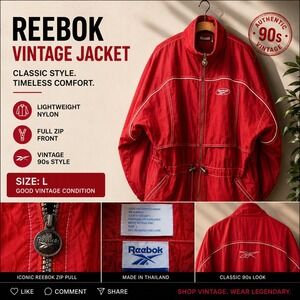 Vintage Reebok Red Nylon Windbreaker Jacket 90s Full Zip‎ Women's Large